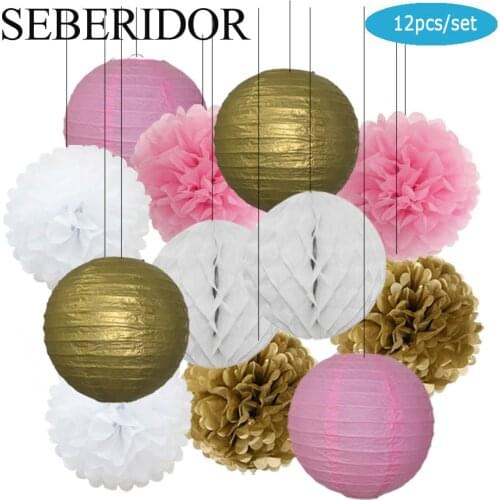 Wedding Anniversary Party Favor Gold Pink Set Round Paper Lantern Baby Boy Girl 1st Birthday Decor Hanging Ball Honeycomb