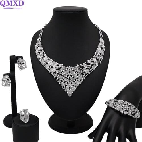 Nigeria Dubai Silver Jewelry Sets for Women Indian Bridal Gift Crystal Necklace Bracelet Earrings Ring Wholesale Jewelry
