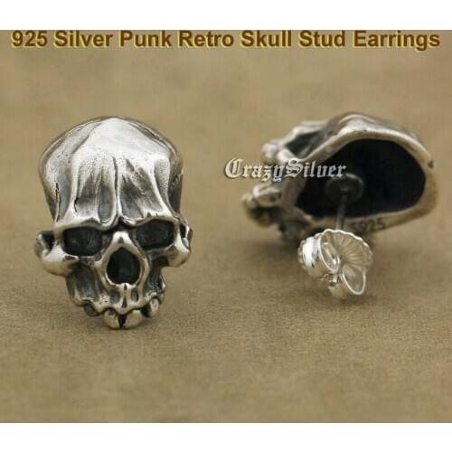 Cool Knights Individuality Punk Rock Retro Skull Stud Earrings Men Solid 925 Sterling Silver TA40