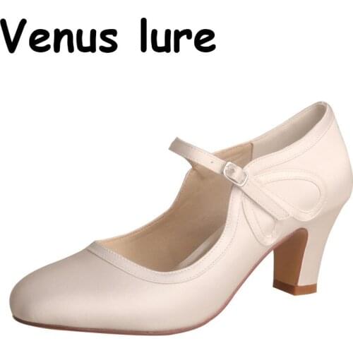7.3CM Block Heel Wedding Heels for Bride Shoes Mary Janes Ivory Satin