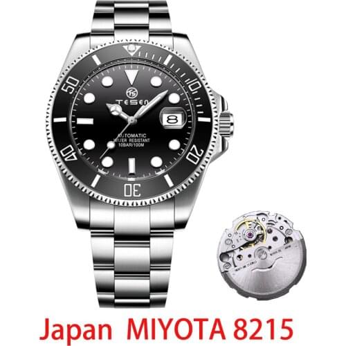 TESEN Brand Automatic Mechanical Watches Luxury Men Business Wristwatch MIYOTA 8215 Movement Stainless Steel 43mm Black Relogio