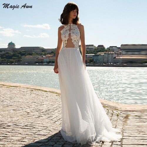 Magic Awn New Tulle Beach Wedding Dresses Lace Appliques Illusion Backless Bridal Gowns A-Line Boho Customized Robe De Mariee