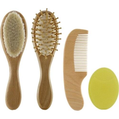 Premium Wooden Baby Hair Brush and Comb Set(4-Piece) for Newborns,Toddlers,Kids Natural Goat Hairbrush