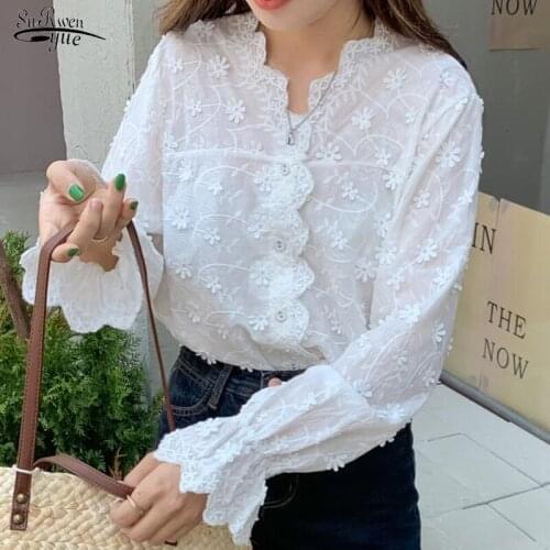 2021 Autumn Flowers Puff Sleeve Chic Blouse V-neck Elegant Button Long-sleeve Gentle Blouse Casual Fairy White Sweet Shirt 16917