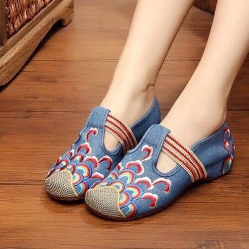 Embroidery Flats Ladies 2021 Concise National Style Round Toe Women Soft Comfortable Cotton Fabric Shoes