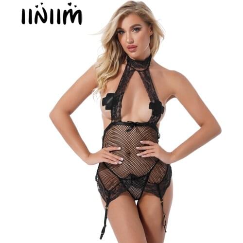 Women Exotic Set Lace Lingerie Set Halter Lace Up Open Back See-through Fishnet Jumpsuit with G-String Briefs and Garter Belts