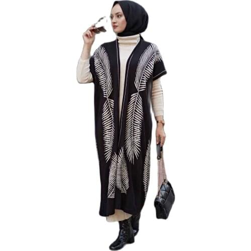 2 Pieces Leaf Pattern Knitted Muslim Set Maxi Dress and Cardigan Abaya Hijab Dress Muslim Dress Woman Turkey Dubai Aid Moubarek