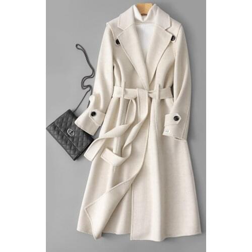 Double Sided Cashmere Overcoat Womens Mid Long Autumn Winter 2021 New Slim Tie Temperament Goddess Tweed Jacket