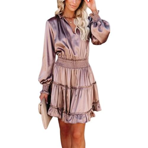 2021 Women Autumn Layered Dress Elegant Solid ColorLeopard Long Sleeve V-neck Drawstring Vestidos Female Autumn Dress Clothes