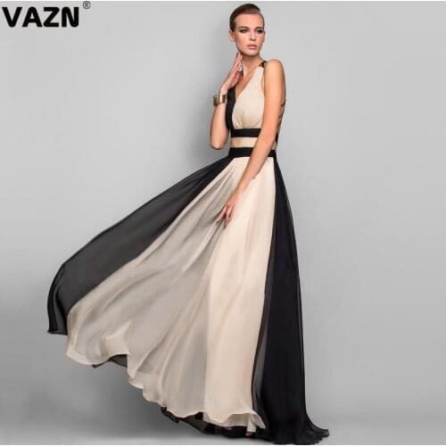 VAZN 2021 New Patchwork Sweet Sexy Night Club Mature Fashion Spaghetti Strap Backless Open Women High Waist Maxi Ball Gown Dress
