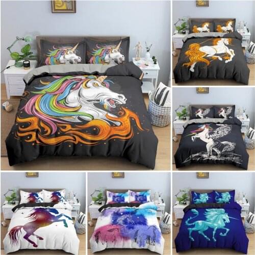 2/3Pcs Cartoon Animal Unicorn Bedding Set Bedclothes Kids Bedroom Duvet Cover Set Pillowcase King Queen Twin Size Home Texture