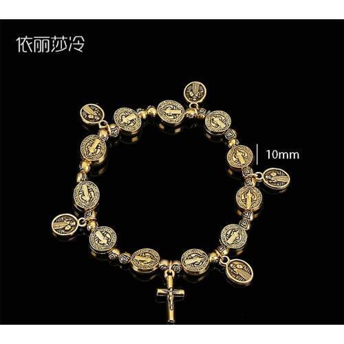 Jesus Cross Bracelet, Jesus Rose Center Holy Mercy Icon Rose Bracelet, Saint Benedict Rosary Cross Bracelet