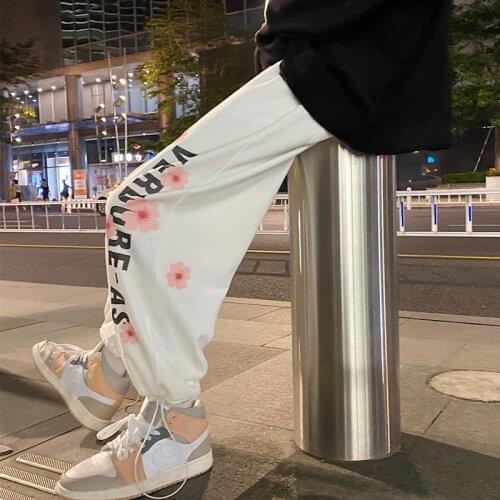 White Flowers Trousers Cool Autumn Mens Sportswear Loose Sweatpants Hip Hop Streetwear Male Pencil Pants Funny Japan Punk Pants