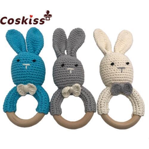 Baby Teething Ring Crochet Rabbit Chewie Teether Safety Wooden Teether Natural Bunny Sensory Toy Gift