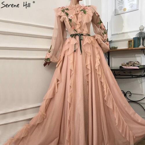 Dubai Lantern Sleeve Peach Flowers Evening Dresses Evening Gowns Design Serene Hill LA60788 2020