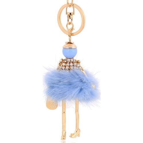 Hot fashion blue fur ball keychains pompons car key chain holder women bag keyrings pompom key ring