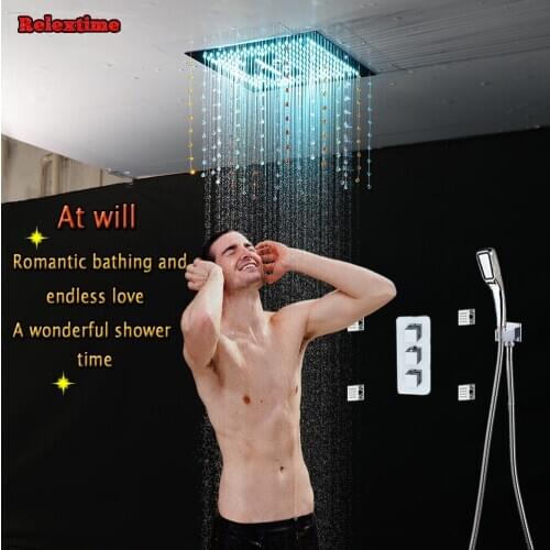 Crystal Pendant Ceiling Rainfall Shower Head Massage Jets Bathroom Concealed Thermostatic Multifunction Shower Set Faucet Tap