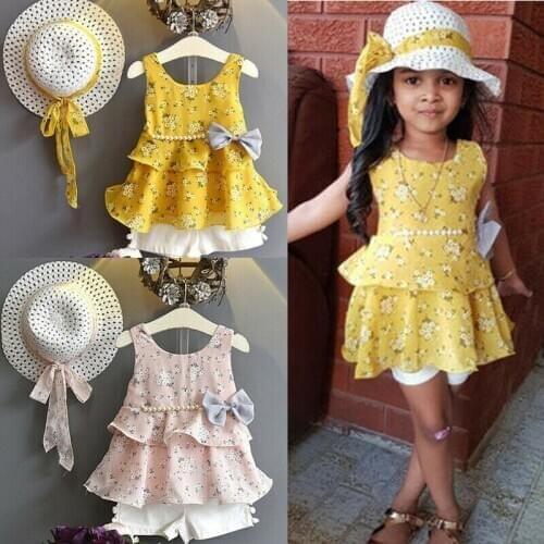 Fashion Toddler Kid Baby Girls Summer Flower Beading Tops Dress+ Denim Pants+Hat Outfits Sets 3pcs