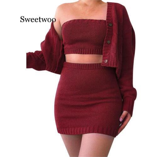 3 piece set women set outfits suit Fashion Womens Solid Color Knit Suit Dew Navel Sexy Casual Three-Piece