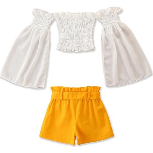 3 Pieces Kids Suit Set, Girls Solid Color Off Shoulder Long Sleeve Tops+ Shorts+ Waistband for Summer, 1-6 Years