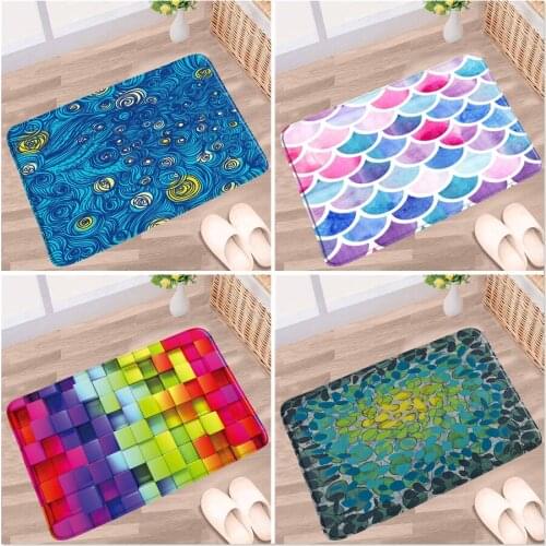 Mermaid Color Fish Scale Bathroom Mat Leaf Blue Waves Geometric Pattern Non-slip Rug Flannel Fabric Bath Kitchen Entrance Carpet