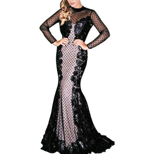 Womens Mexi Dress Sexy Fashion Black Lace Long Sleeve Halter Party Party Floor Length Dress 2021 платья для женщин