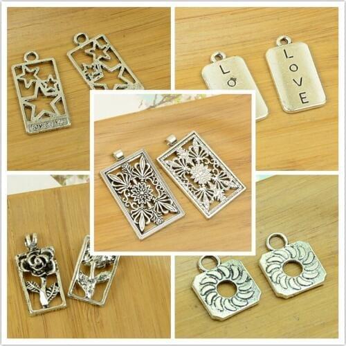 Square/ triangle shape alloy pendant flower/star/love/letter carved jewelry accessories findings antique silver charm necklace