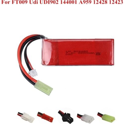 7.4V Lipo Battery for FT009 Udi UDI902 144001 A959 12428 12423 RC Boat Spare Parts 2S 7.4V 2800Mah 25C RC Toys Battery