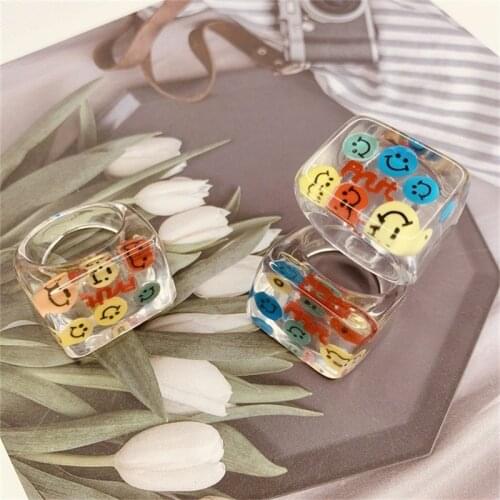 Fashion Girly Colorful Smily Transparent Finger Rings Resin Geometric Square Round Rings Set Women Girl Men Jewelry Best Gifts