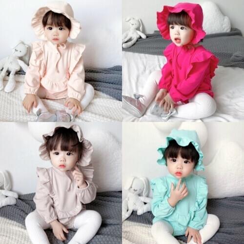 New Fashion Baby Girl Clothes Cotton 2 Piece Solid Ruffles Long Sleeve Baby Girl Romper+hat Sweet Home Soft Baby Jumpsuit 0-18M
