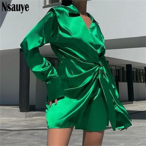 Nsauye Autumn Sexy Women Vintage Satin Green Long Sleeve Belt Mini Dress Evening Party Outfits Elegant Blouse Dress Clothes 2021