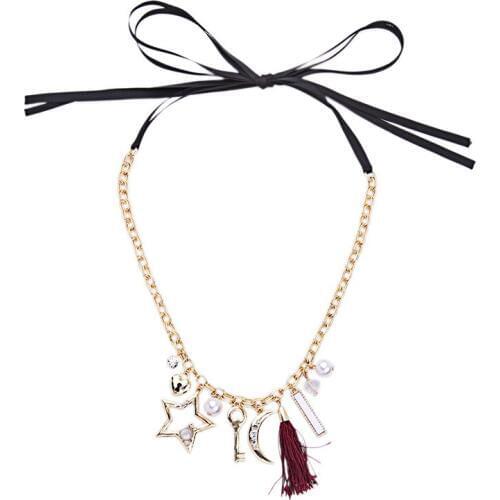 Bulk Price Latest Model Fashion Crescent Moon&Stars Necklace Luxurious Imitation Pearl Alloy Ribbon Necklace