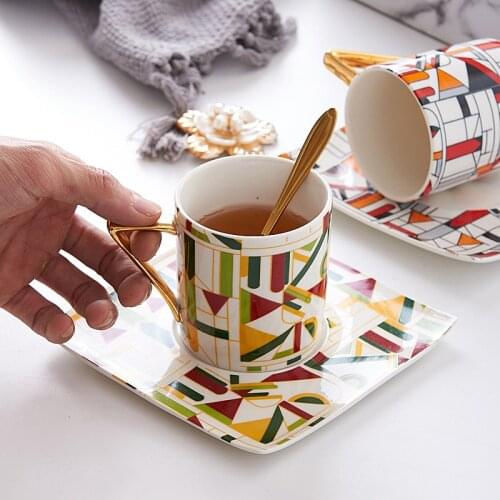 MT Coffee Cup Gift 7-shaped Handle Cup and Dish Geometric Pattern Ceramic Cup and Dish Set Mug Coffee Cup Coffee Mugs