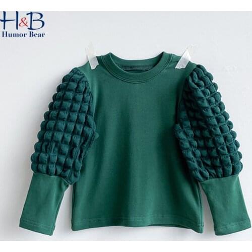 Humor Bear Girls' Bottoming Shirt 2021 Autumn Clothes Fashion Top Puff-Sleeve Solid Color Children Baby Kids Clotes