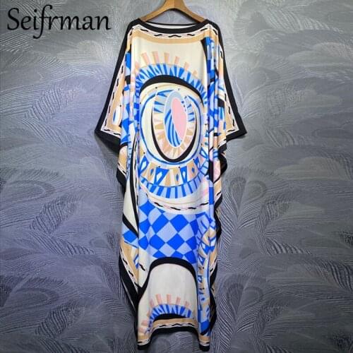Seifrmann Women Summer Fashion Runway Holiday Long Dress Batwing Sleeve Elegant Floral Print Ladies Loose Maxi Dresses Vestidos
