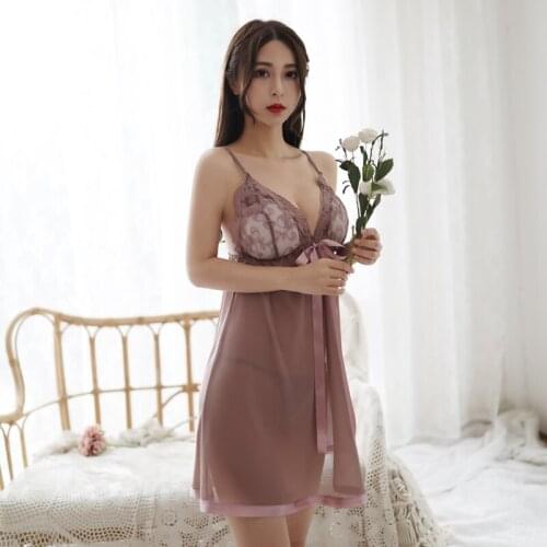 Sexy Lingerie Dress Sleepwear Mini Women Nightgown Lace Spaghetti Strap See Though Nightdress V Neck Nightwear