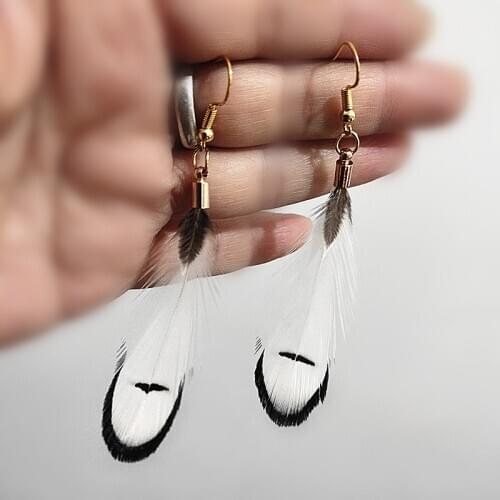 Natural Guinea Fowl Pheasant Feather Dangle Drop Earrings Long Tassel Brinco Ear Stud Earring Fashion Performa Jewelry For Women