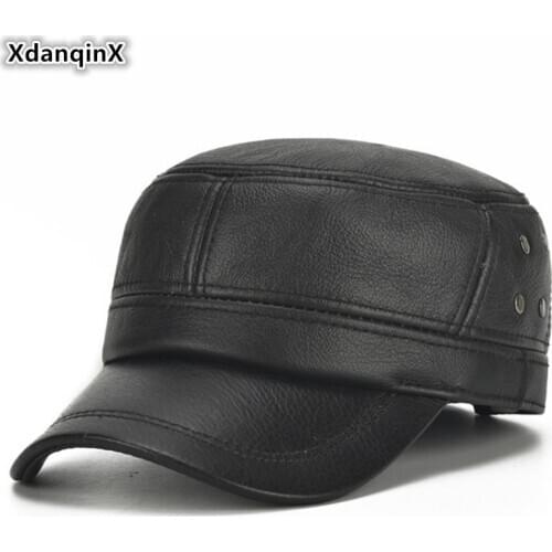 XdanqinX Winter Mens Earmuffs Hat Genuine Leather Cap Army Military Hats Cowhide Leather Hat Adjustable Size Men Warm Brand Cap