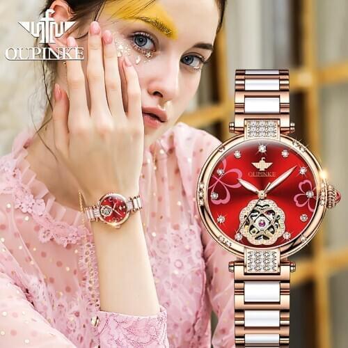OUPINKE Ladies Fashion mechanical watch diamond ceramic Sapphire Automatic Waterpoof Flash diamond Watch Women Gifts