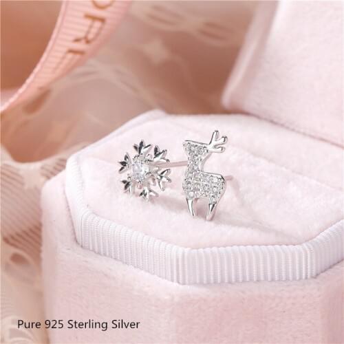 Buyee Fashion Female Earring Exquisite Snowflake Sika Deer Real 925 Sterling Silver Asymmetric Earring Women Christmas Ornaments