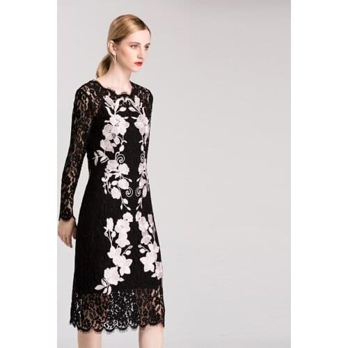 SEQINYY Lace Black Dresses 2018 Autumn High Quality Light Purple Flowers Embroidery Women New Elastic Sexy Sheath Runway Dresses