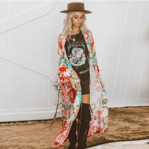 Anself Summer Women Chiffon Kimono Cardigan Floral Print Long Sleeve Loose Outerwear Orange Summer Beach Blouse Robe De Plage