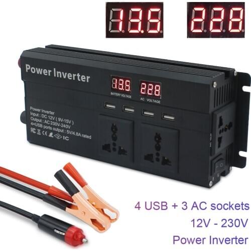 Car 6000W Peak DC12V/24V to 230V Converter Transformer LED Display Modified sine wave with 4.8A 4USB 3AC Sockets Power Inverter