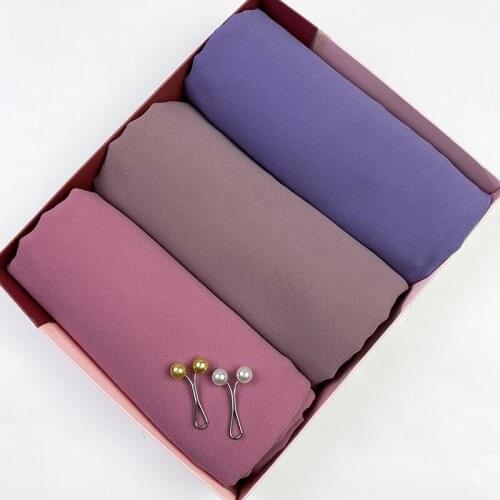 3pcs/box Bubble Chiffon Muslim Hijab Scarf Gift Boxes Plain Wrap Purple Solid Color Shawls Headband Foulard Women Hijab Stoles