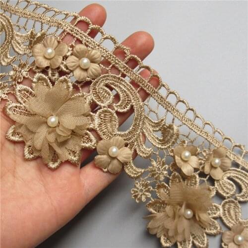 5x Gold Pearl Chiffon Flower Embroidered Lace Edge Trim Ribbon Fabric Patchwork Wedding Dress DIY Sewing Craft 10cm*8.5cm
