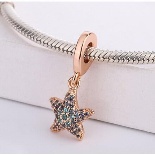 925 Sterling Silver Marine Life Sparkling Rose Gold Starfish Dangle Pendant Charm Bracelet Jewelry Making For Original Pandora