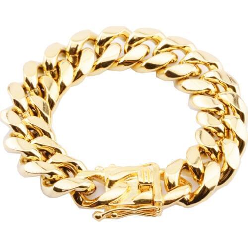 18mm 7-11" Dragon Lock Clasp Stainless Steel Link Gold Miami Cuban Curb Chain Tone Mens Boys Bangle Bracelet Jewelry Xmas Gift