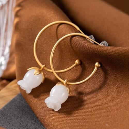 Pure S925 Silver Earrings Women Natural White Jadeite Flower Hoop Earrings