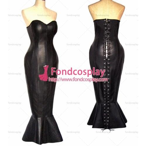Sissy Maid Black Faux Leather Lace Up Boned Fishtail Corset Party Dress Cosplay Costume Tailor-made[G337]