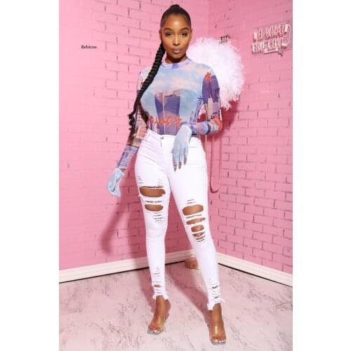 Women New Stretch Ripped Jeans Skinny Jeans Denim Pants Holes Destroyed Knee Pencil Pants Casual Trousers